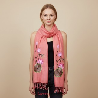 Khăn lụa tơ tằm thêu hoa sen hồng cam 190x85cm